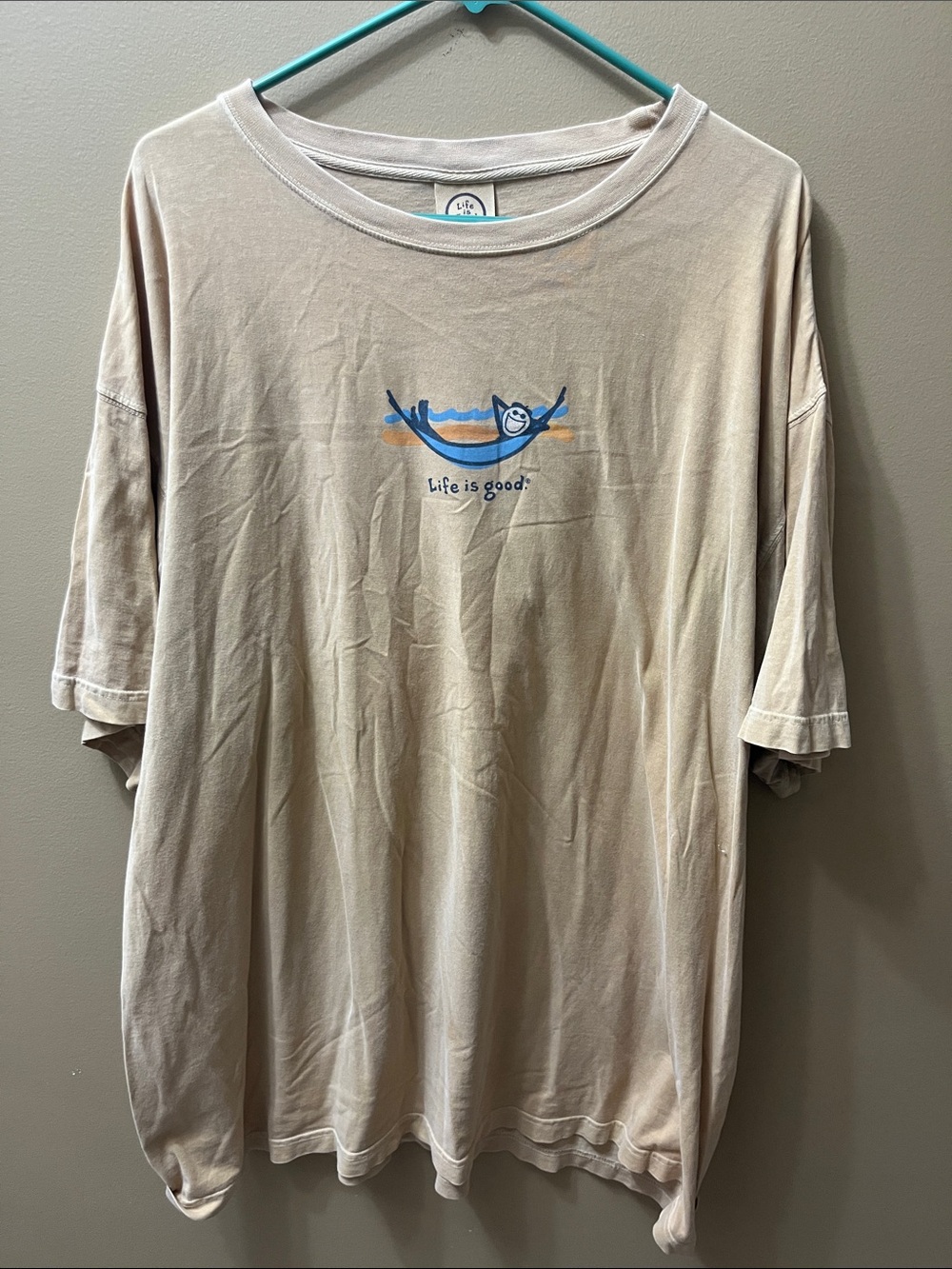 Life Is Good Beige Short Sleeve Tee with Blue & Orange Graphic